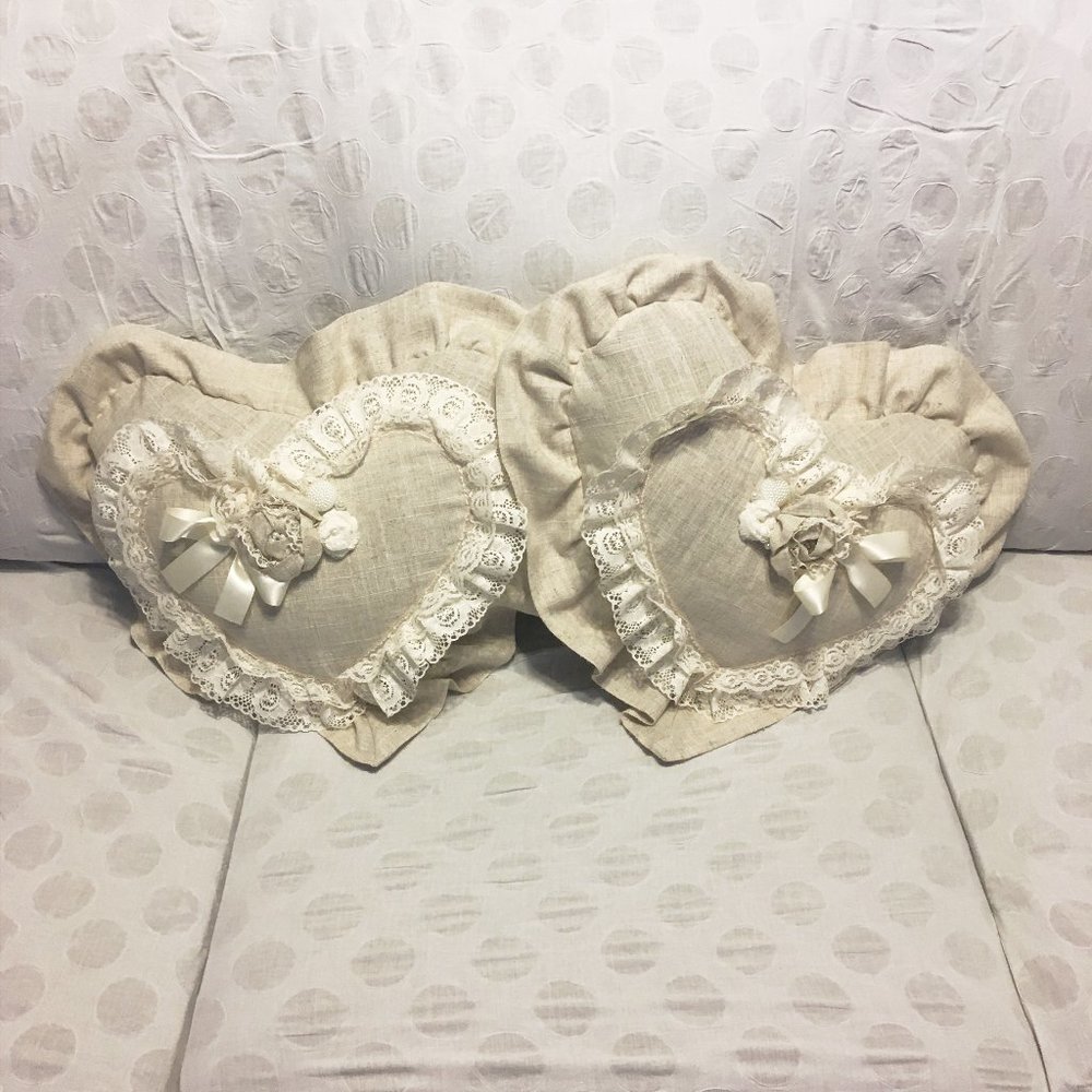 Pair of Creamy White Heart Shaped Pillows with Lace, Linen Ruffle Cushion